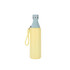 A drink bottle featuring a slim design in yellow and light blue, with a stainless steel finish and a carry strap.