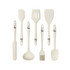 A silicone kitchenware set in cream colour includes a spatula, ladle, slotted spatula, basting brush, and other utensils.
