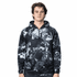 A men's 1/4 zip fishing hoodie in black with a grey abstract pattern, featuring a hood and a logo.
