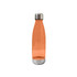 A drink bottle in translucent orange with a silver metallic cap and a logo on the body.