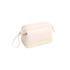 A large capacity toiletry bag in cream with a zip and a wrist strap. Features a sleek design and has a logo.