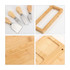 A bamboo cheese board knife set featuring three knives with wooden handles and a matching bamboo holder.