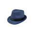 A navy blue straw hat with a black band, featuring a classic fedora style. It has a woven texture.