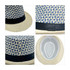A straw woven top hat featuring a blue and white patterned design, with a black band around the base.