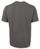 A grey unisex T-shirt with a plain back and short sleeves, featuring a logo on the back.