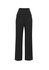 A pair of black maternity pants with a wide waistband and a straight-leg design. The pants feature a logo.