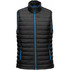 A black thermal vest with blue detailing, featuring a zip front and side pockets. It has a logo on it.