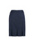 A navy multi-pleat skirt featuring a fitted design and a back zip. It has a branding logo on it.