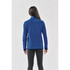 A blue women's full zip jacket viewed from the back, with a fitted design and long sleeves.
