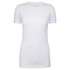 A white women's crew neck t-shirt with short sleeves and a fitted design. It features a simple logo.