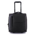 A sleek black underseat luggage bag with a retractable handle and wheels, featuring a front pocket and branding.
