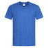 A blue men's classic V-neck T-shirt, featuring a simple design and a logo on the label.