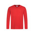A red long sleeve T-shirt with a crew neckline and a tag inside. Features a logo on the upper inner neck.