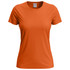 An orange women's classic T-shirt with a round neckline and short sleeves, featuring a logo on the label.
