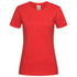 A red women's classic organic crew neck t-shirt displayed on a white background, featuring a label inside.