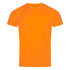 A bright orange T-shirt with a crew neckline, featuring a logo on the front. Suitable for active wear.