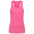 A pink women's active sports top with a racerback design and a fitted silhouette, featuring a logo.