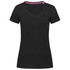 A black women's t-shirt with a V-neck design and short sleeves, featuring a pink accent on the neckline.