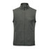 A green fleece vest with a high collar and a front zipper, featuring side pockets and a logo.