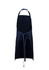 A navy blue apron featuring adjustable neck straps and a tie at the waist. The design includes a logo.