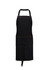 A black apron with a simple design, featuring pockets and a neck strap. It has visible stitching details.