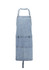 A denim apron in light blue with adjustable straps and front pockets, featuring a logo on the front.
