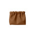 A portable makeup bag in a rich brown colour, featuring a gathered design and no zippers. It has a logo on it.