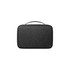 A portable travel toiletry bag in black, featuring a handle and a simple, sleek design. It has a logo on the front.