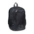 A black laptop backpack featuring multiple compartments, zippers, and side mesh pockets. It has a branding logo.