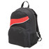 A black backpack with a red accent and a mesh side pocket, featuring a logo on the front.