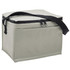 A cooler bag in a light grey colour with a zippered closure and a black strap for easy carrying.