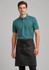 A man wearing a teal polo shirt and a black short-waisted apron. The apron has a tie closure and features a logo.