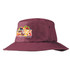 A maroon bucket hat featuring a logo on the front and a wide brim for sun protection.