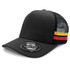 A black trucker cap featuring a mesh back and striped accents in red, yellow, and black. It has a logo on the front.