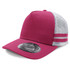 A pink trucker cap with a mesh back and three white stripes, featuring a logo on the front.