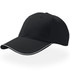 A black cap with a curved brim and white piping along the edge, featuring a logo on the front.