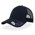 A navy blue trucker cap with a solid front and mesh back. It features a logo on the side.