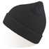 A black knitted beanie with a rolled cuff and a textured design, featuring a logo.