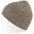 A taupe beanie with a ribbed texture and a small logo on the side, featuring a snug fit.