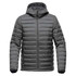 A grey thermal jacket with a hood, featuring a quilted design and a front zip closure. Includes a logo.