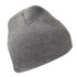 A grey knit beanie with a fitted design, featuring a logo on the side.