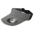 A grey sports visor with a wide brim and a black adjustable strap, featuring a logo on the front.