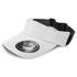 A black and white sports visor featuring a wide brim and an adjustable strap, with a logo displayed on the front.