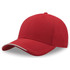 A red cap made from recycled polyester, featuring a simple design and a logo on the front.