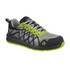 A black and lime safety shoe with a breathable upper and a sturdy sole, featuring a logo on the side.