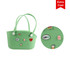 A green EVA bag with decorative badges, featuring handles and a smooth surface. The bag has a logo.