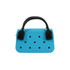 A small handbag in bright blue with black handles and holes on the front, featuring a logo.