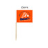 A pack of 100 small orange and white labeling stick flags with branding and a wooden stick.