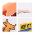 A close-up view of colourful promotional stickers featuring a cow design and text elements in orange and yellow.