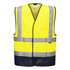 A bright yellow hi-vis vest with navy contrast and reflective strips, featuring a logo on the side.